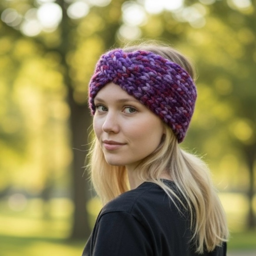 Hat Headband Earwarmer Handmade Purple Red Lavender Knit Ponytail Hat